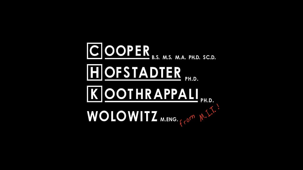 Cooper Hofstadter Koothrappali Wolowitz text overlay, The Big Bang Theory HD wallpaper