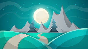 illustration of mountains, Night, Cartoon, Illustration