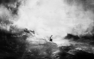 grayscale photo of person drowning, Alex Cherry, monochrome, sea, artwork