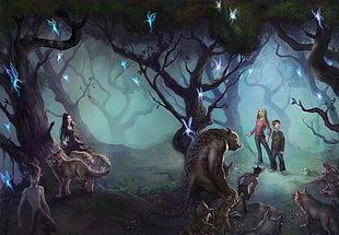 group of people and animal standing in forest illustration