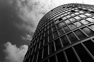 worms eye view of building in grey scale