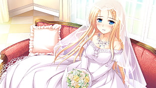blonde haired female anime character wearing white wedding gown holding bouquet of flowers