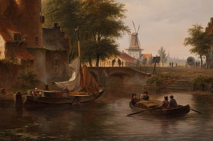 two sailboats painting, painting, boat, windmill, bridge