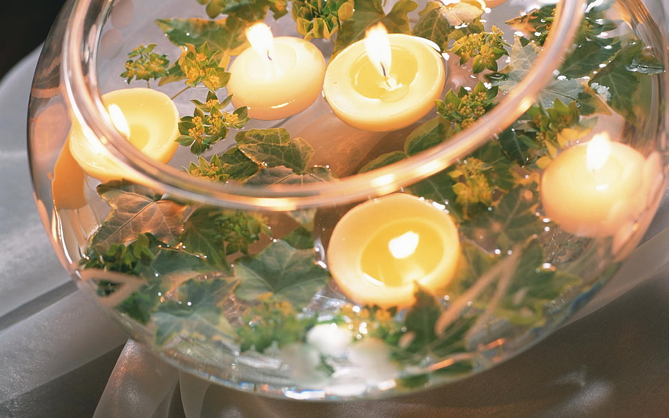 yellow tealight candles inside the fish bowl HD wallpaper