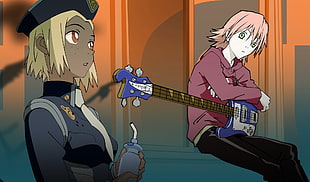 two female anime characters illustration, FLCL, Haruhara Haruko, bass guitars, police