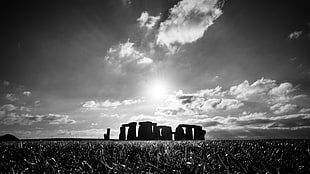 greyscale photo of Stonehenge, england