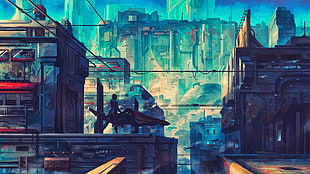 man standing on top of building painting, artwork, fantasy art, futuristic, city