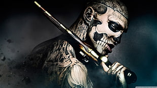 man with skull face mask holding rifle illustration