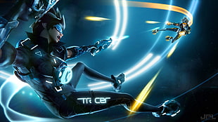 Overwatch Tracer illustration, Overwatch, Tracer (Overwatch), crossover, Tron