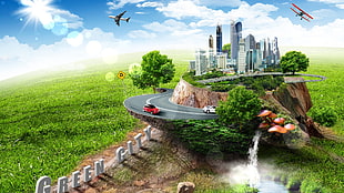 Green City Park illustration, building, car, airplane, sky