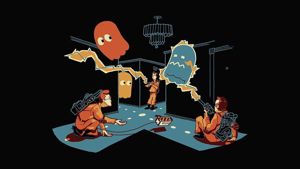 three Ghostbusters character illustration, Ghostbusters, Pac-Man , artwork, crossover HD wallpaper