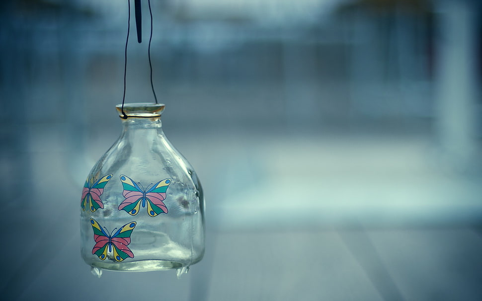 selective focus photograph of clear glass bottle HD wallpaper