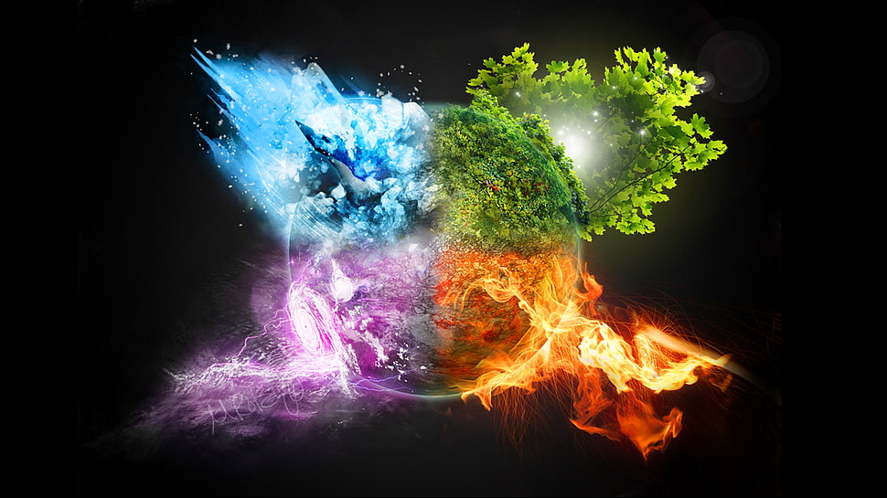 four elements illustration HD wallpaper