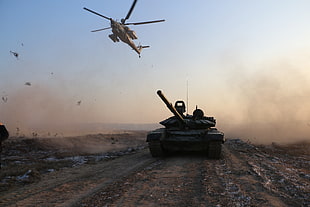 brown battle tank, tank, army, helicopters, Mil Mi-28