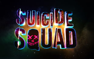 blue, red, and black Suicide Squad text illustration