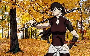 black haired female anime character holding spear HD wallpaper