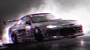 black and purple race car, anaglyph 3D, motorsports, car