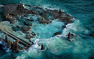 painting of island, coast, sea, beach, fisherman HD wallpaper
