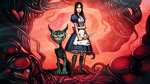 lady with black dress holding knife and demon cat anime characters