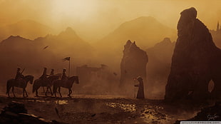 silhouette of people riding of horse, fantasy art