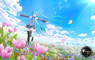 long haired anime female character in gray long-sleeved dress digital wallpaper, Hatsune Miku, Vocaloid, flowers, clouds