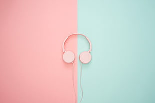pink corded headphones, Headphones, Pink, Teal HD wallpaper