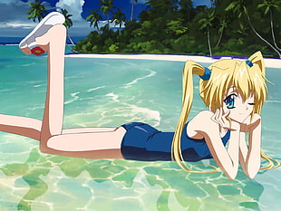 girl in blue tank top with yellow hair anime character HD wallpaper