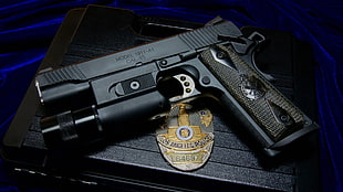 black semi-automatic pistol, CAL. 45, M1911, gun, police
