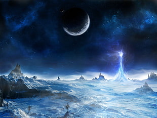 moon and snowfield during nighttime digital wallpaper