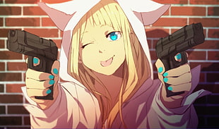 yellow haired female anime character holding two pistols