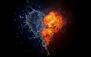 time-lapse photography of fire and water forming heart HD wallpaper