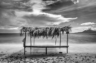 grayscale photography of hut on seashore