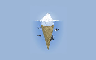 brown cone surrounded by whales digital wallpaper