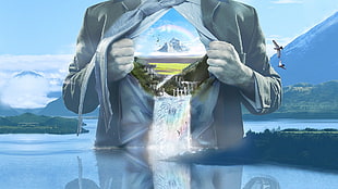 optical illusion painting of man's chest and waterfalls, artwork, waterfall, rainbows, mountains