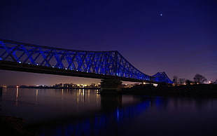 blue concrete bridge, bridge, night, blue, sky HD wallpaper