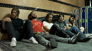 five member male band posing for photo HD wallpaper