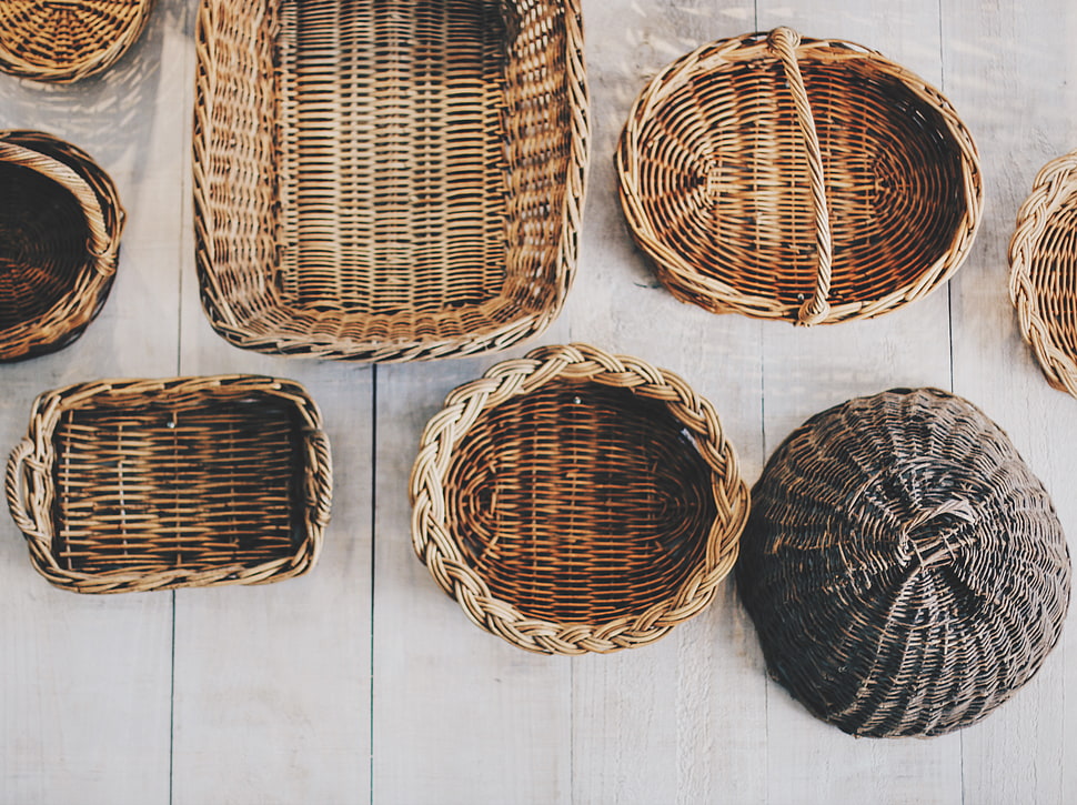 brown wicker basket lot HD wallpaper