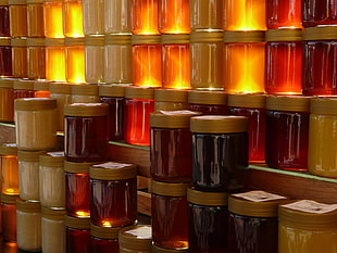 clear glass jar lot, honey, food HD wallpaper