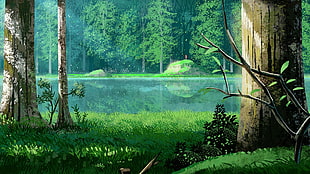 green grass, lake, environment, digital art HD wallpaper