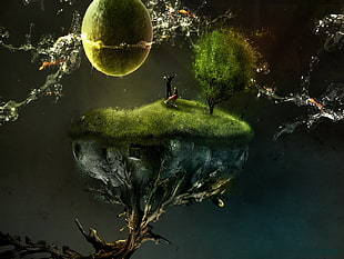 green tree under moon digital wallpaper, fantasy art