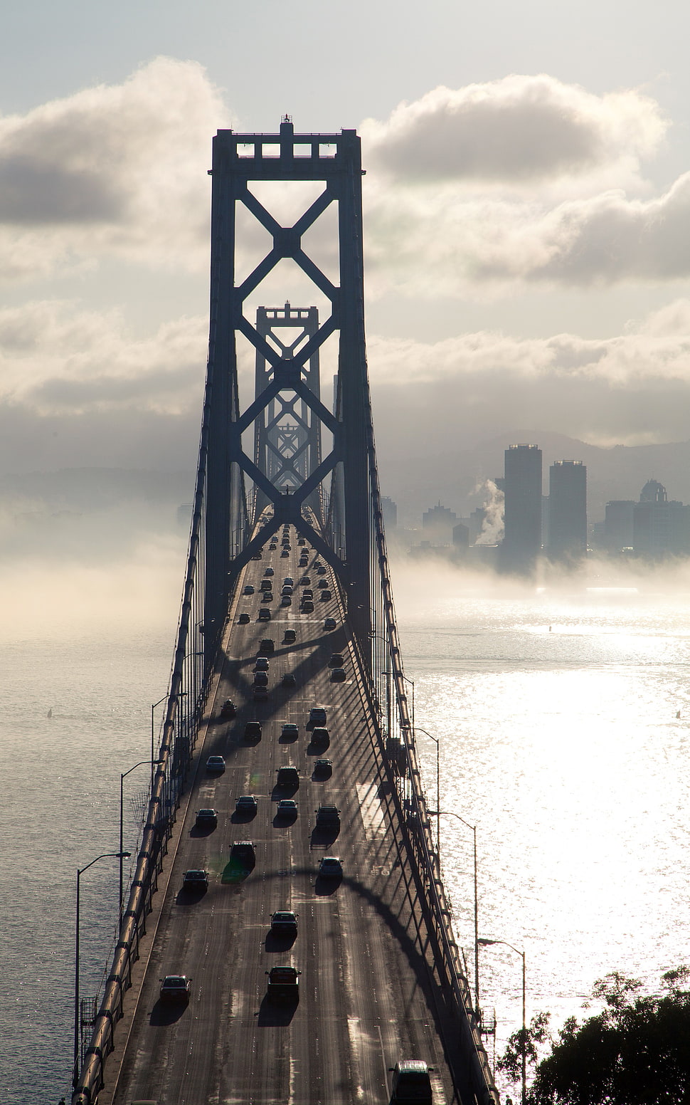 gray bridge, bridge, traffic, clouds, bay HD wallpaper