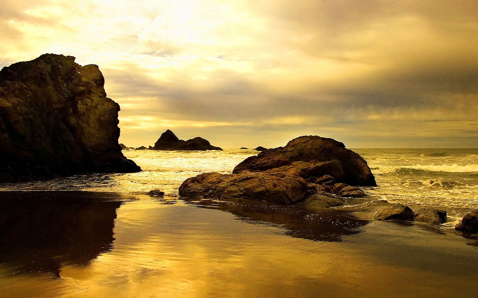 islets on seashore during golden hour HD wallpaper