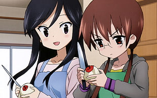 two anime character holding knives peeling apple