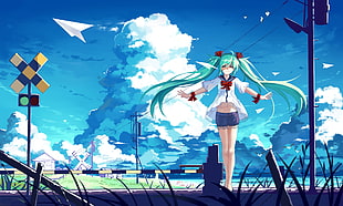 Hatsune Miku illustration, Hatsune Miku, clouds, railway, Vocaloid HD wallpaper