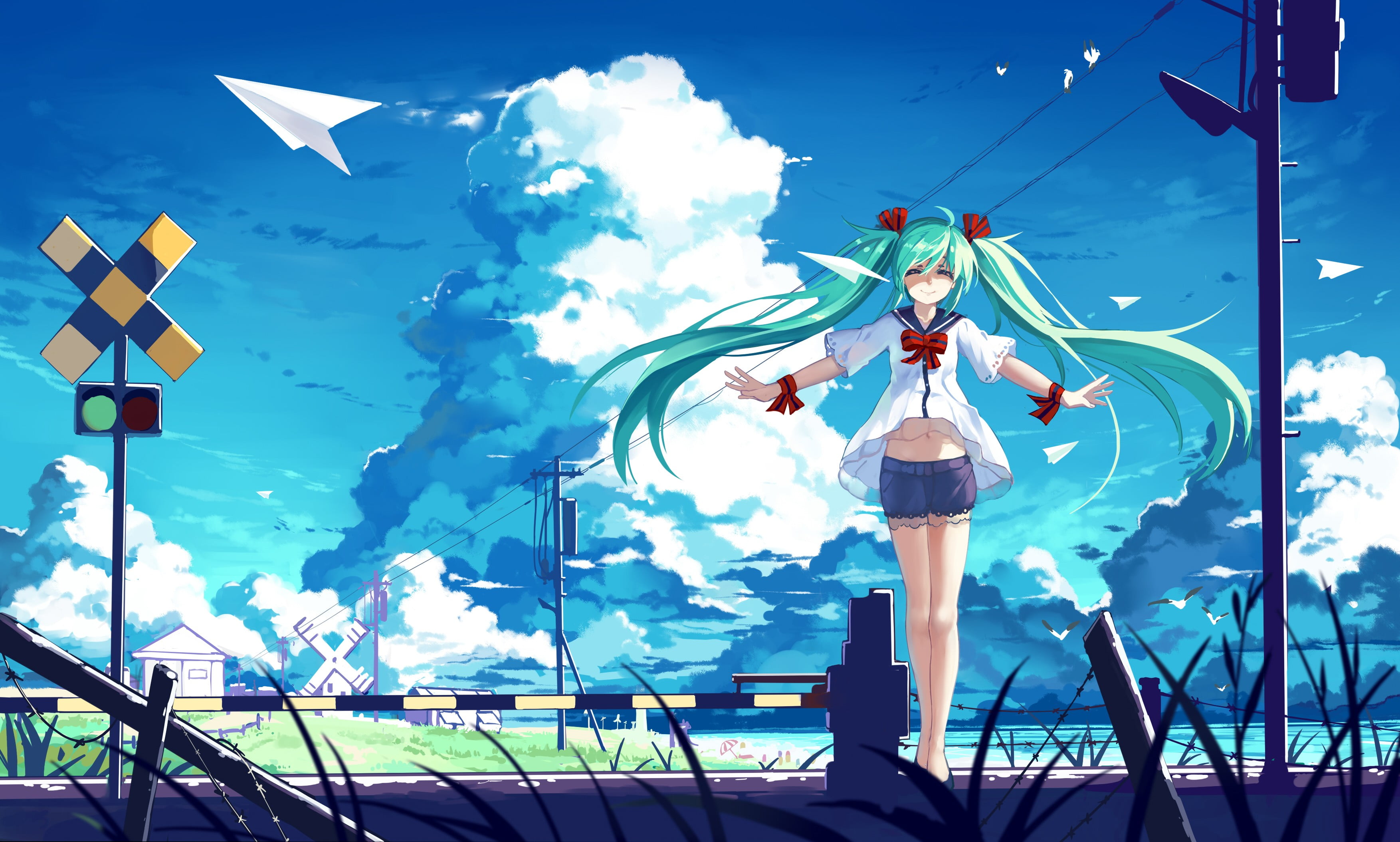 Hatsune Miku Illustration Hatsune Miku Clouds Railway Vocaloid Hd Wallpaper Wallpaper Flare