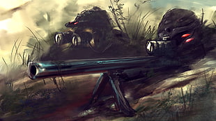 person lying on ground while holding sniper painting, sniper rifle, snipers, soldier, weapon