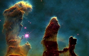 brown and blue aurora, space, Pillars of Creation, nebula, digital art