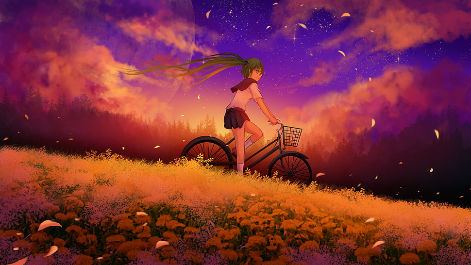 female animated character riding ruiser bicycle HD wallpaper