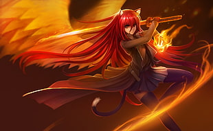 female anime character illustration, weapon, katana, skirt, tail