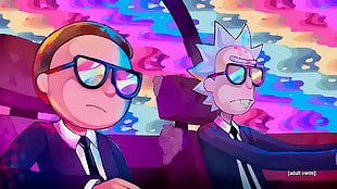 pink and blue plastic toy, Rick and Morty, sunglasses